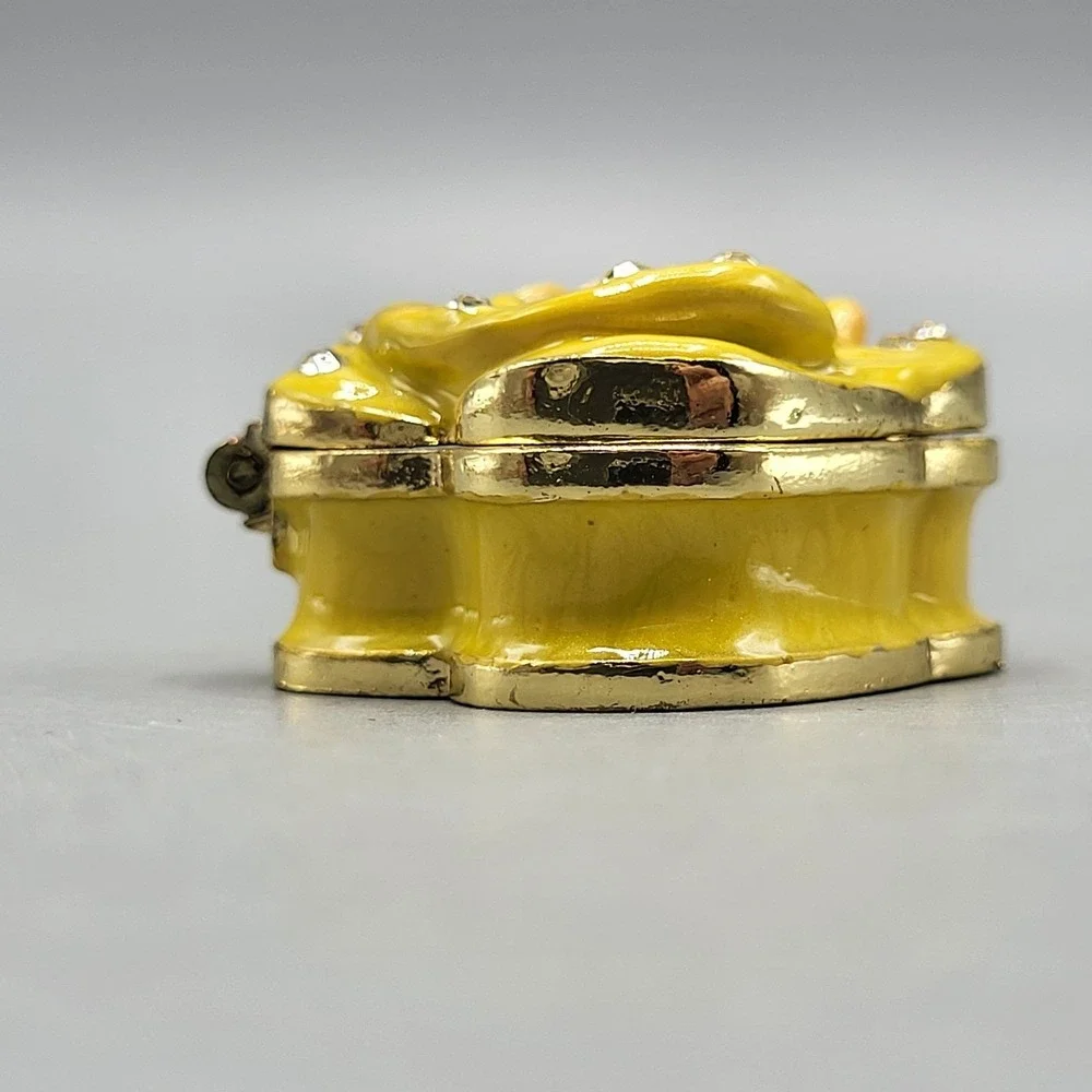 Work of Art Mini Trinket Pill Box Enamel Rose Rhinestone Yellow Shelf Decor